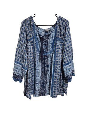 Avenue Peasant Blouse Plus Size 22 24 Blue Mixed Print Coastal Boho Peasant